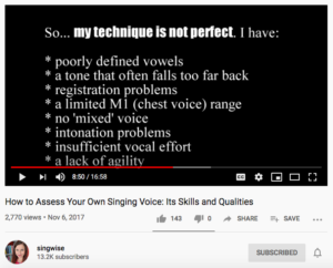Selbsteinschätzung im Gesang Das Bild zeigt einen Screenshot aus dem Video "How to Assess Your Own Singing Voice" von singwise, auf dem gesangliche Schwächen aufgelistet sind.