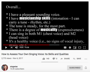 Selbsteinschätzung im Gesang Das Bild zeigt einen Screenshot aus dem Video "How to Assess Your Own Singing Voice" von singwise, auf dem gesangliche Stärken aufgelistet sind.