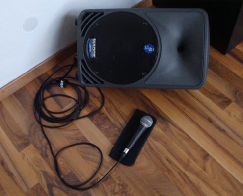 Zu einer Gesangsanlage für Einsteiger gehören ein Mikrofon, ein Kabel und ein Lautsprecher.